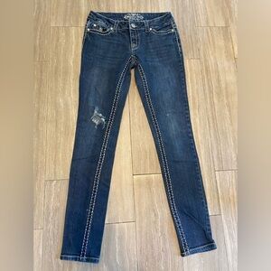 Women's Paisley Sky Skinny Thick Stitch Low Stretch Dark Blue Jean 2  Distressed